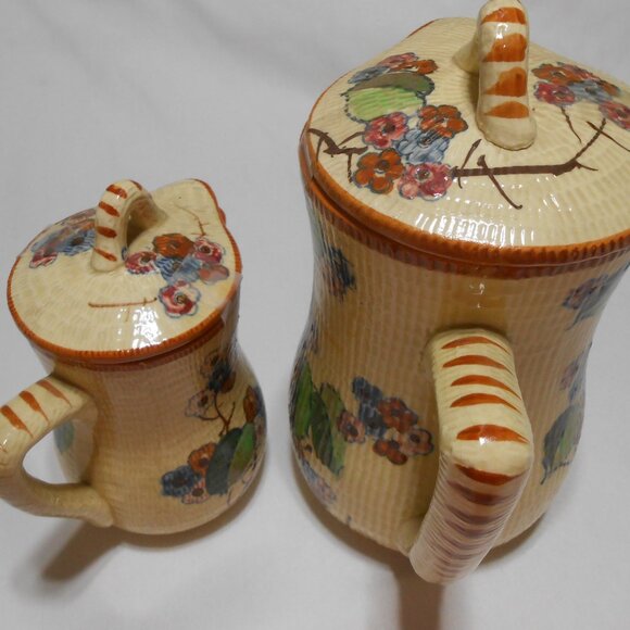 Rare Vintage 2 Japanese Majolica style matching pitchers floral hand painted ๐ฅ - Picture 6 of 15